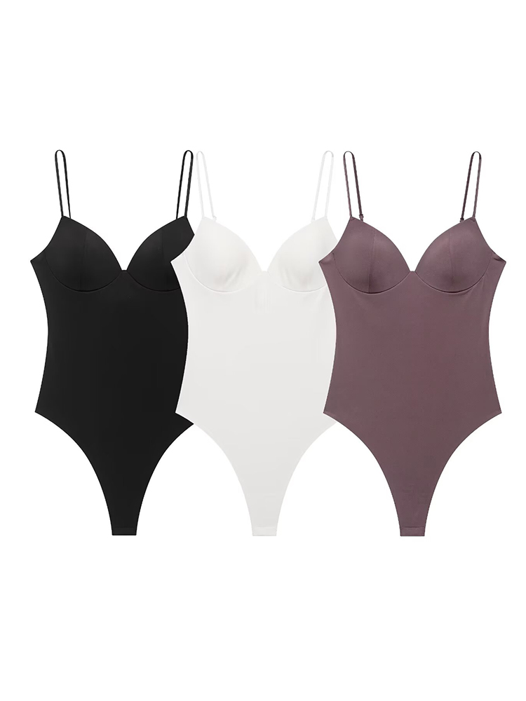 Shapewear Bodysuit Firm - TFMLN ชุดบอดี้สูทผู้หญิงสำหรับฤดูร้อน คอรูปหัวใจ แขนกุด สีพื้น สายรัดแบบไร้สาย
