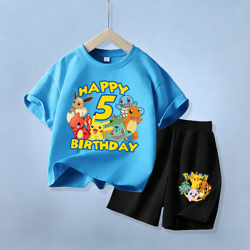 Boyshort Underwear - ชุดเสื้อผ้าเด็กน่ารักลายปิกาจูสำหรับวันเกิด ชุดโปเกมอน เสื้อยืดตัวเลข กางเกงขาสั้น 2 ชิ้น