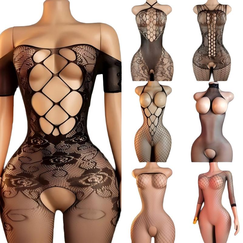 Bodystocking Fishnet - ชุดชั้นในเซ็กซี่สำหรับผู้หญิง ชุดบอดี้สูทลูกไม้ซีทรู ชุดนอนเซ็กซี่แบบเปิดเป้า ชุดนอนเท็ดดี้ ชุดเดรสเบบี้ดอลล์